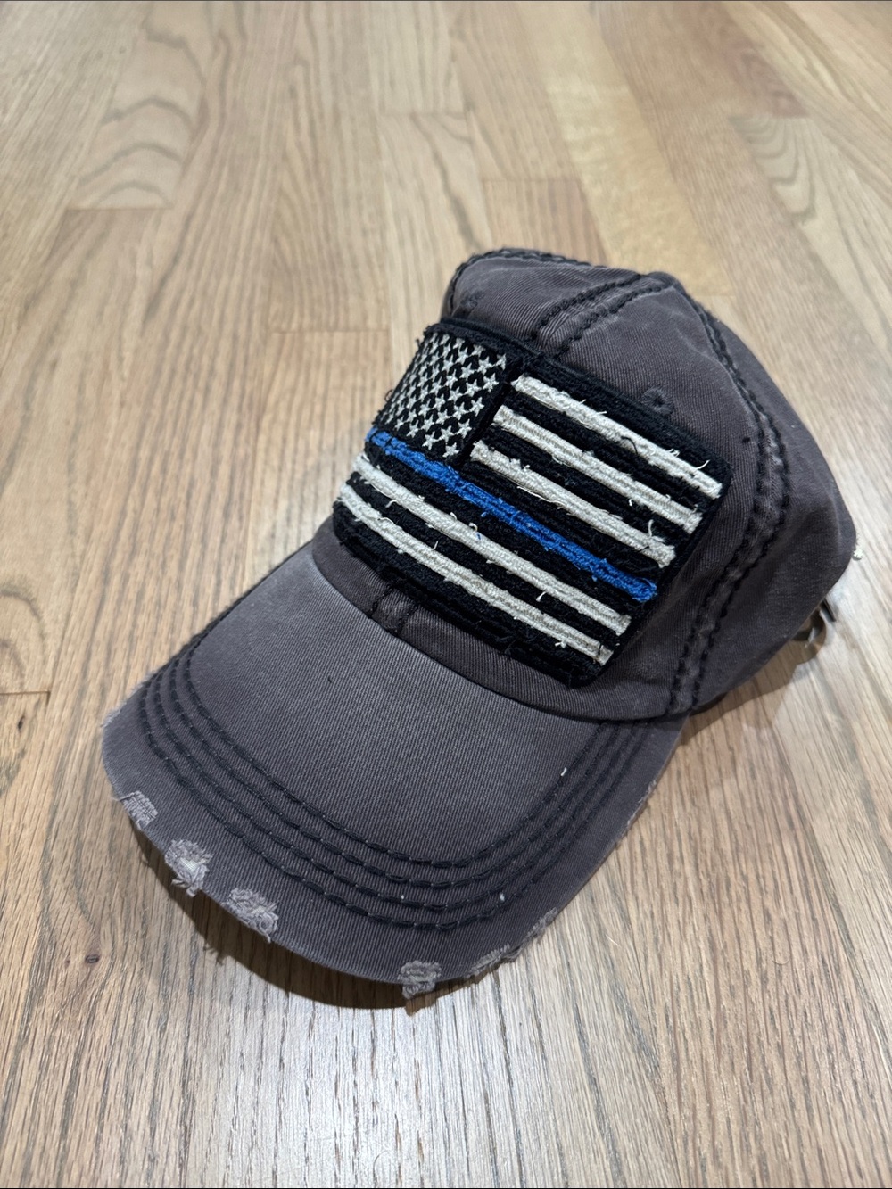 KBETHOS Black Distressed Hat with Thin Blue Line Flag Patch
